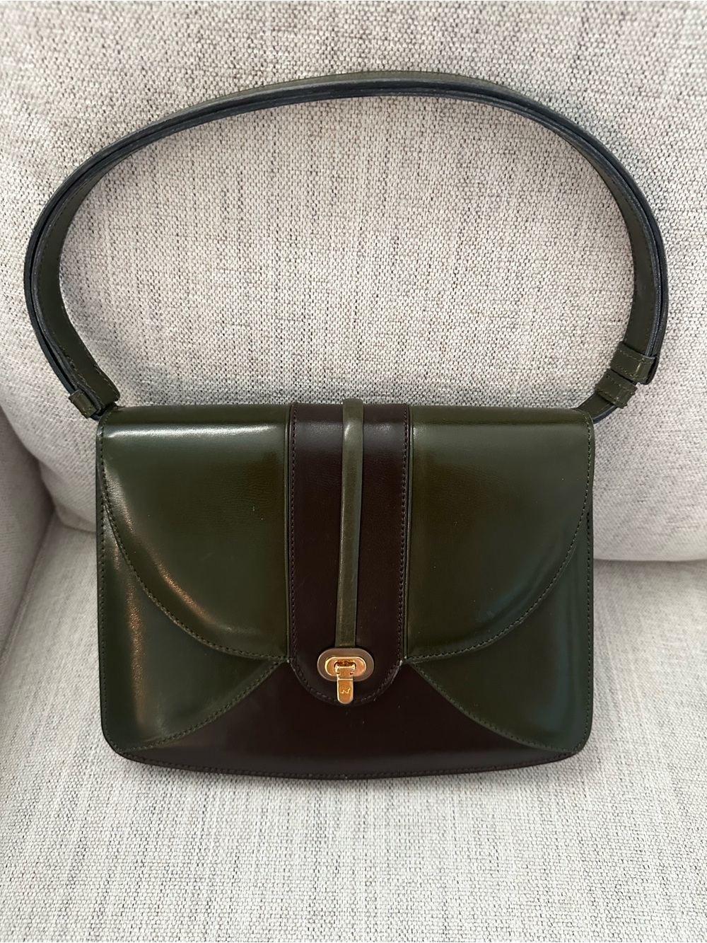 Nina Ricci Olive and Dark Brown Leather Shoulder Bag with Gold Hardware